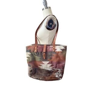 Myra Bag Southwest Tote Cowhide Canvas Leather Purse Aztec Shoulder Bag